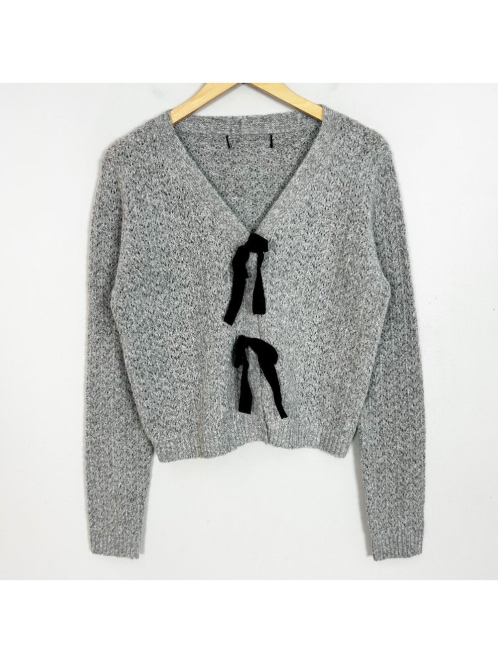 Women's Cardigan Sweater Gray Soft Pointelle Knit with Bows Size Small